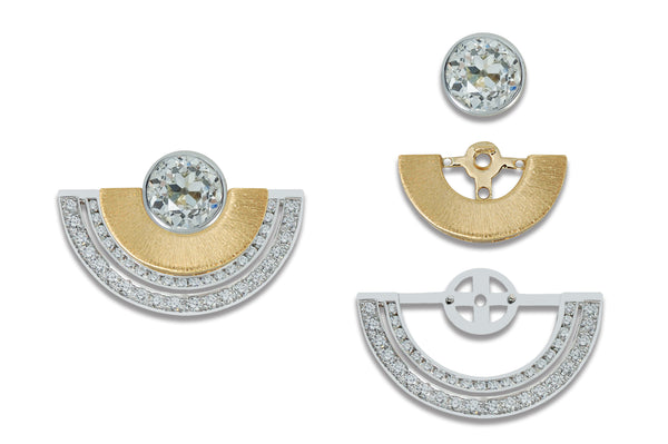 Twist Reflection Old Mine Cut Diamond Double Jacket Earrings Duo yellow Gold White Gold