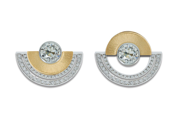 Twist Reflection Old Mine Cut Diamond Double Jacket Earrings Duo yellow Gold White Gold