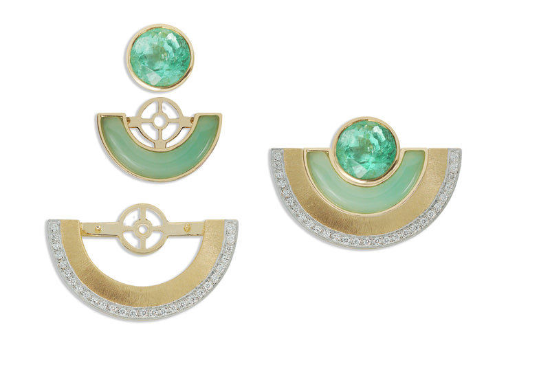 Twist Reflection Emerald Chrysoprase Diamond Double Jacket Earrings