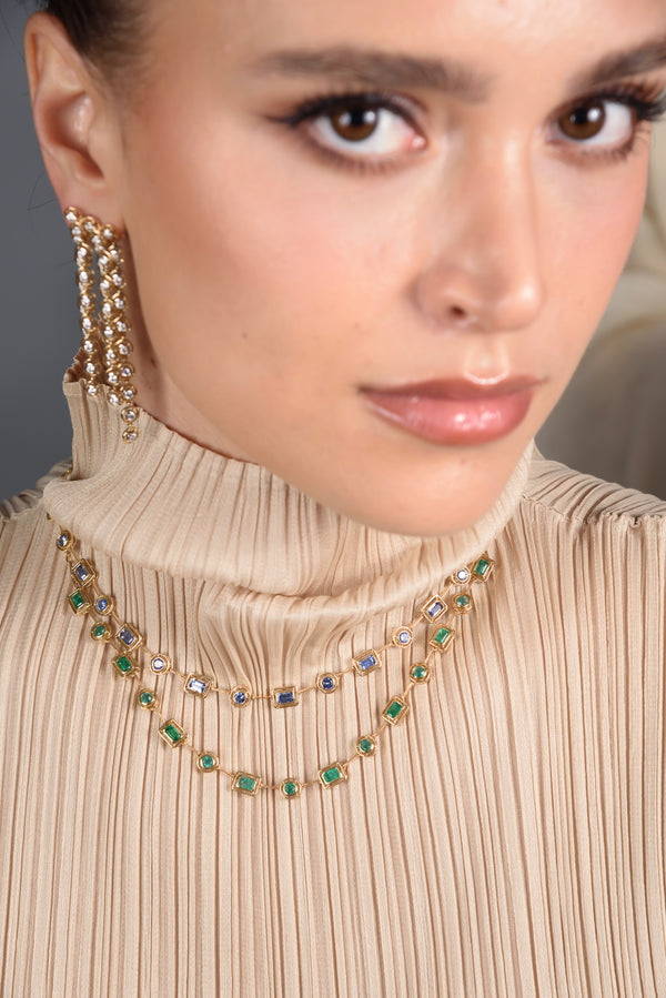 Mingle Emerald & Round Blue Sapphire Tennis Bolo Necklace