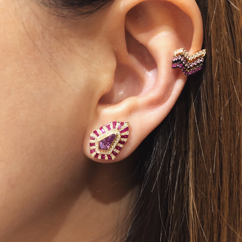 Twist Shield Purple and Pink Sapphire Diamond Stud Earrings