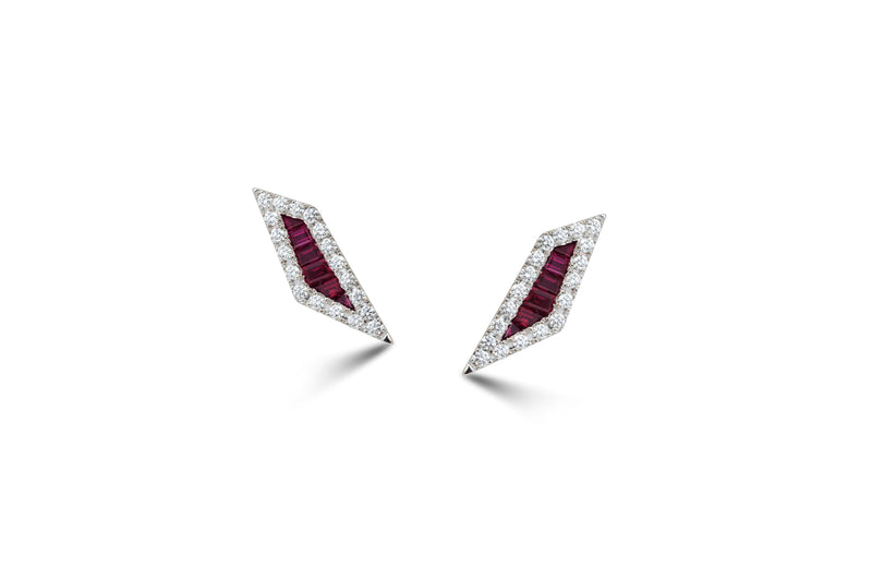 Origami Palm Leaf Ruby Diamond Stud Earrings