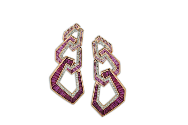 Origami Triple Link no.5 Pink Sapphire & Diamond Earrings