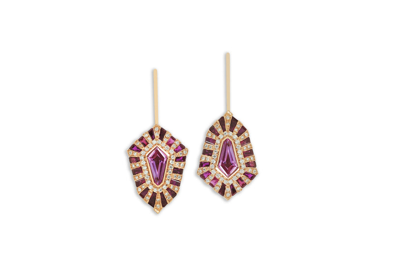 Twist Shield Pink Sapphire Ruby Diamond Earrings
