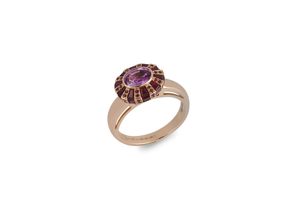 Classic 64 Twist Oval Ruby and Pink Sapphire Ring set in Rose Gold