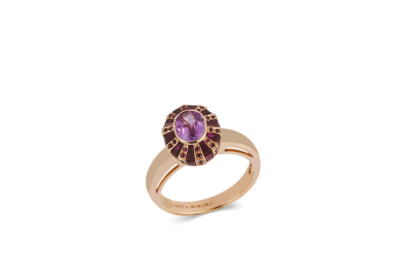 Classic 64 Twist Oval Ruby and Pink Sapphire Ring set in Rose Gold