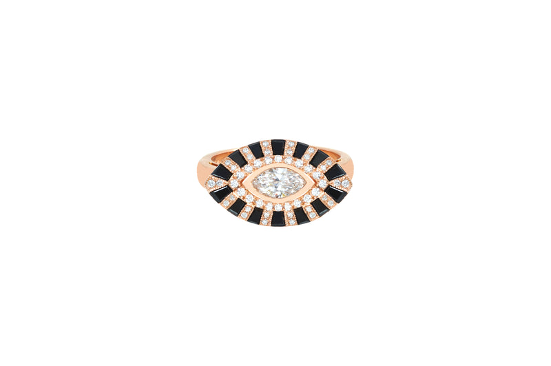 Classic Twist Marquise Black & White Diamond Evil Eye Ring set in Rose Gold